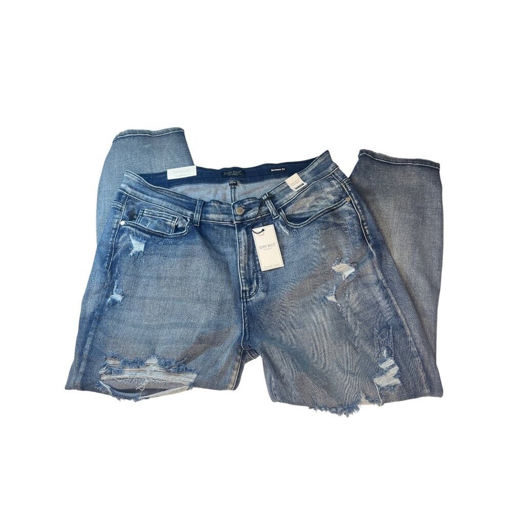 Judy Blue High Waist Boyfriend Fit Jeans NEW Size 20W Distressed Stone Wash - Picture 2 of 9